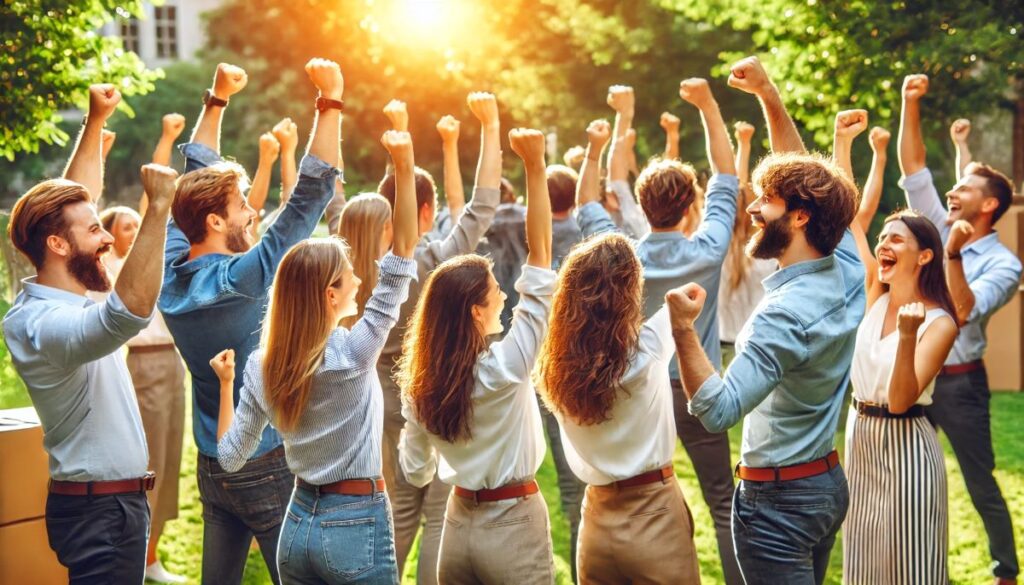 employés entreprise chemise homme femme souriant poings en l'air joie extérieur jardin