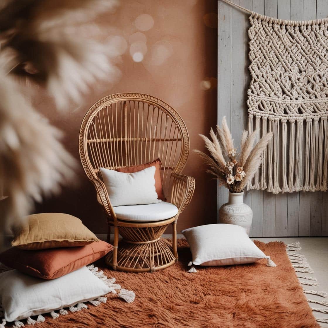fauteuil en osier peacock, entouré de tapis berbères et de coussins en lin dans des tons terracotta et beige. À côté, un mur en bois ou une guirlande de macramé pour ajouter une touche bohème authentique. Des fleurs séchées et des pampas en vase viennent compléter l’ambiance