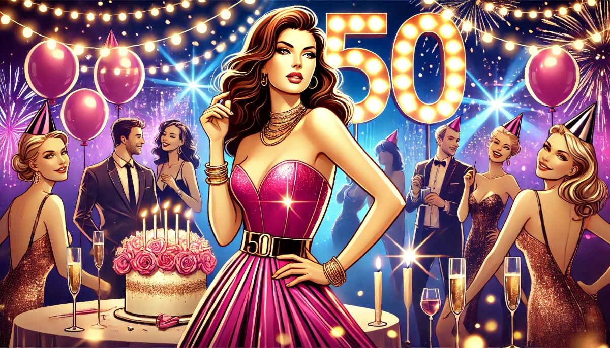 illustration anniversaire de femme 50 ans robe de soirée gateau champagne feu d'artifice nuit magique