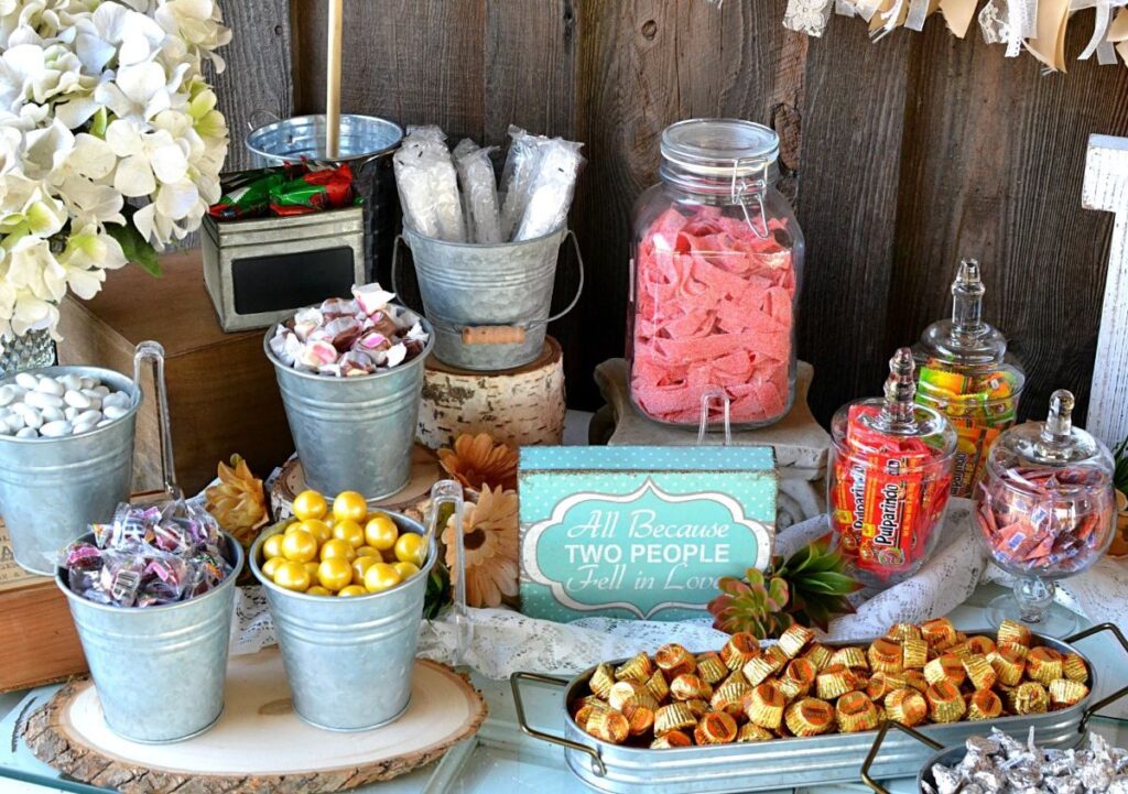 mariage rustique bar à bonbon candy pot verre table