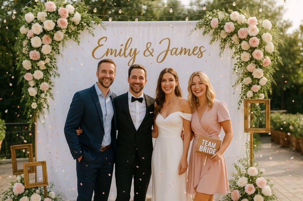 Photocall de mariage en extérieur avec décor floral chic, guirlandes et prénoms des mariés, où les invités posent joyeusement devant un fond personnalisé