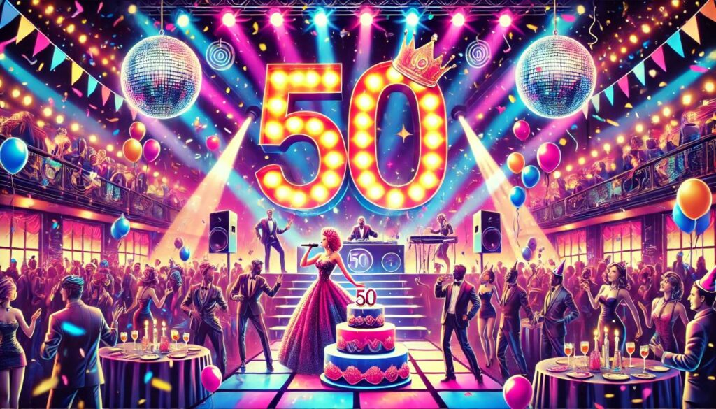 soirée dansante anniversaire 50 ans disco ambiance fête célébration gâteau