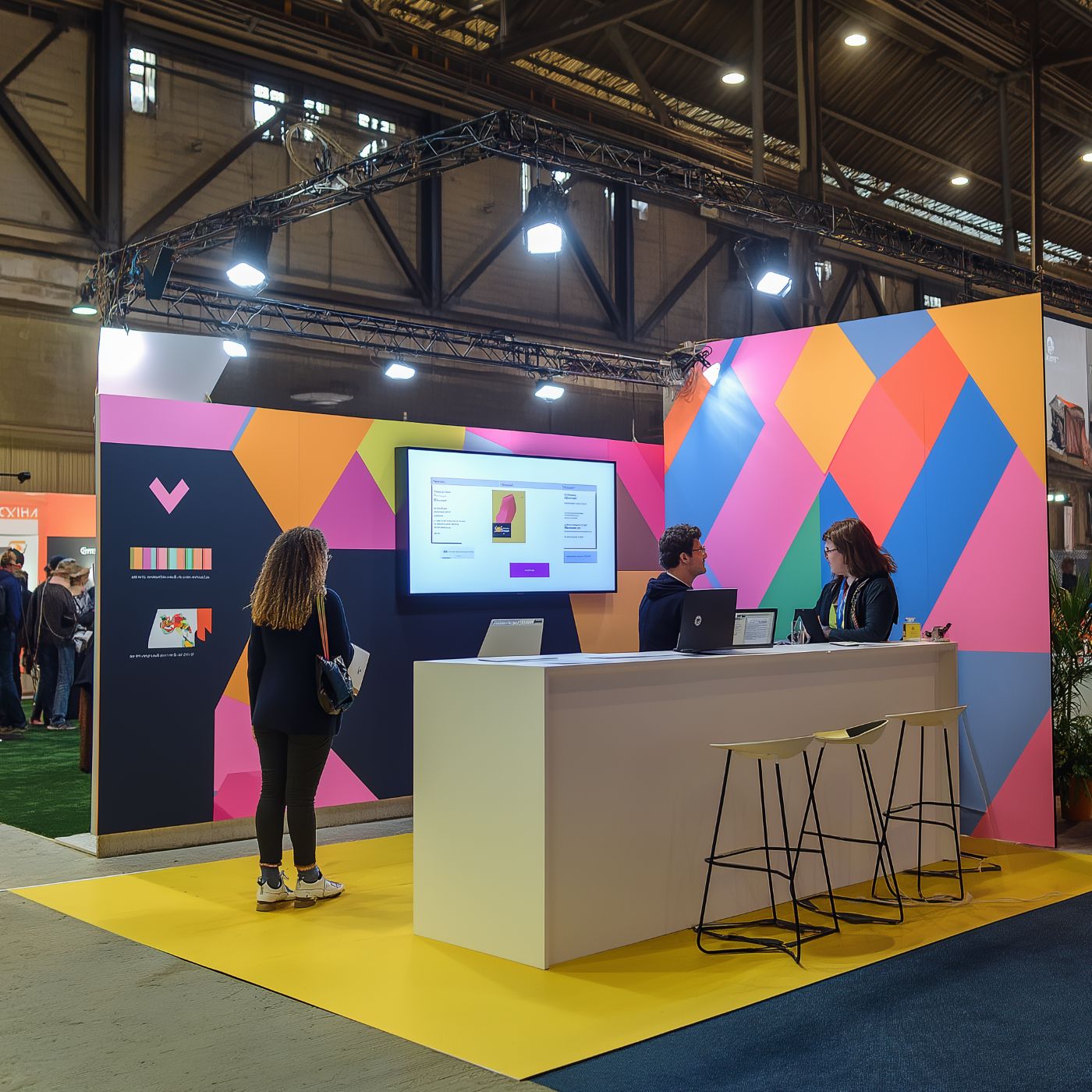 stand salon professionnel couleur vive visiteurs exposition marque entreprise écran télé présentation produit