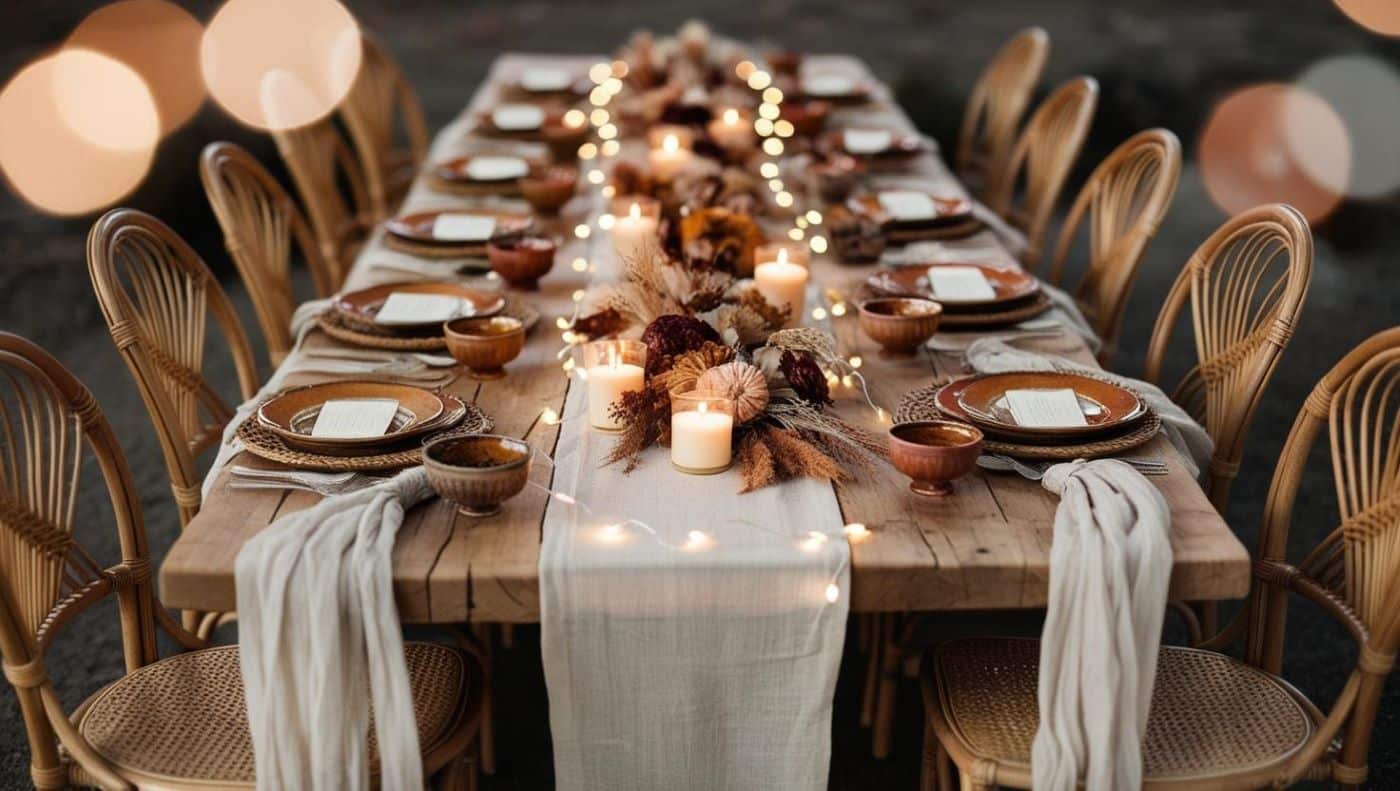 longue table en bois brut entourée de chaises en rotin, recouverte d’une nappe légère et ornée de bougies, de fleurs séchées et de vaisselle vintage en céramique. Au centre, des guirlandes lumineuses apportent une touche chaleureuse et intimiste