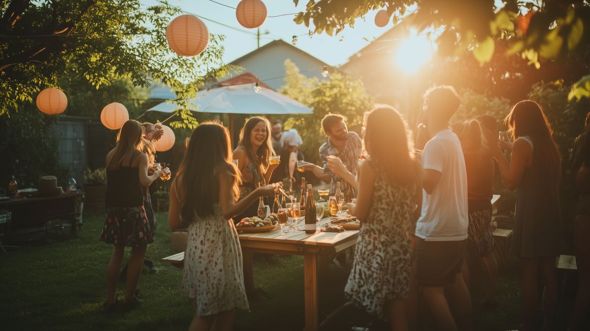 soleil couchant invitĂ©s jardin de maison garden party Ă©tĂ© fĂȘte table rustique