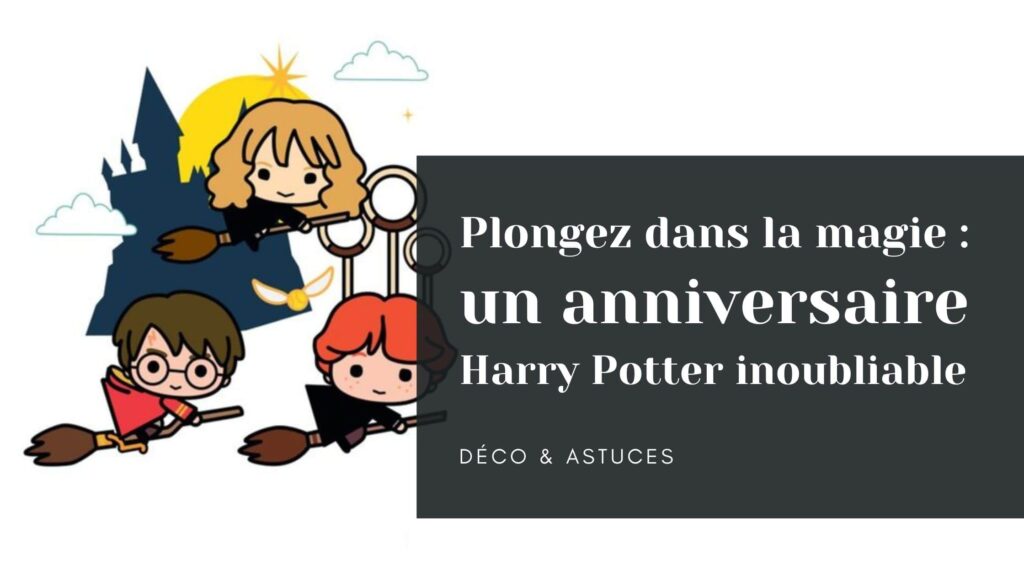 anniversaire harry potter illustration ron hermione harry sur leur balais volant chateau poudlard