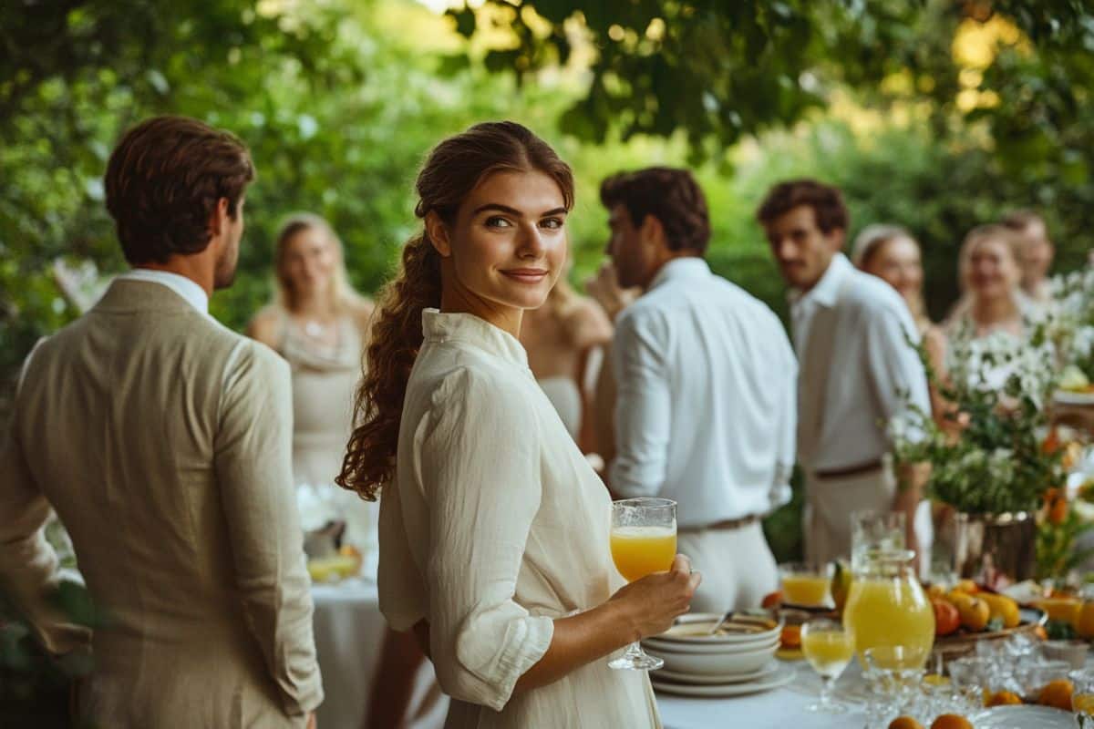 look mariage tenue garden party jardin femme se retourne vers le photographe robe lin old money