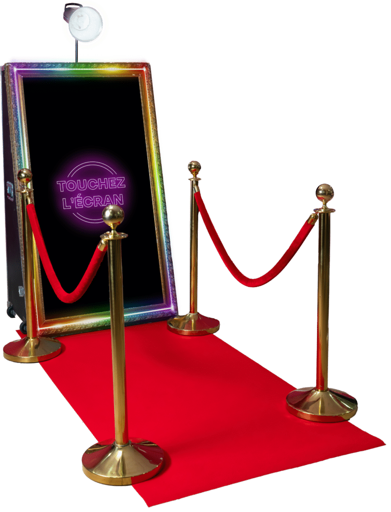 décor photobooth miroir luxe vip tapis rouge cordon sécurité velour poteaux or
