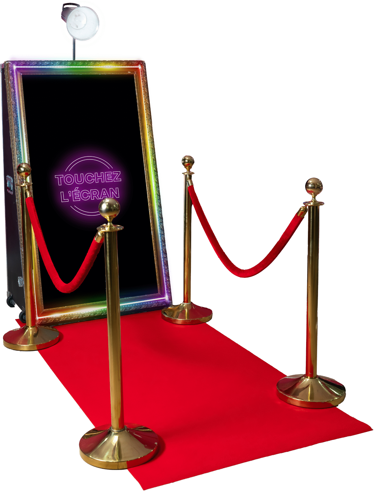 décor photobooth miroir luxe vip tapis rouge cordon sécurité velour poteaux or