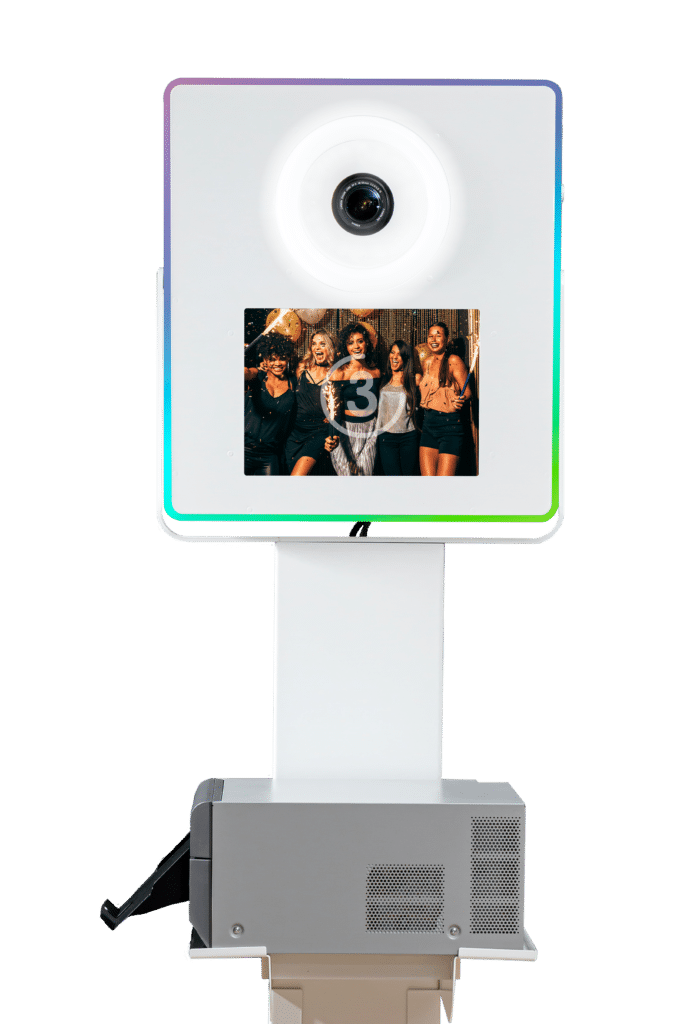 borne photomaton photobooth blanc smakk ring light éclairé écran tactile imprimante grise support impression