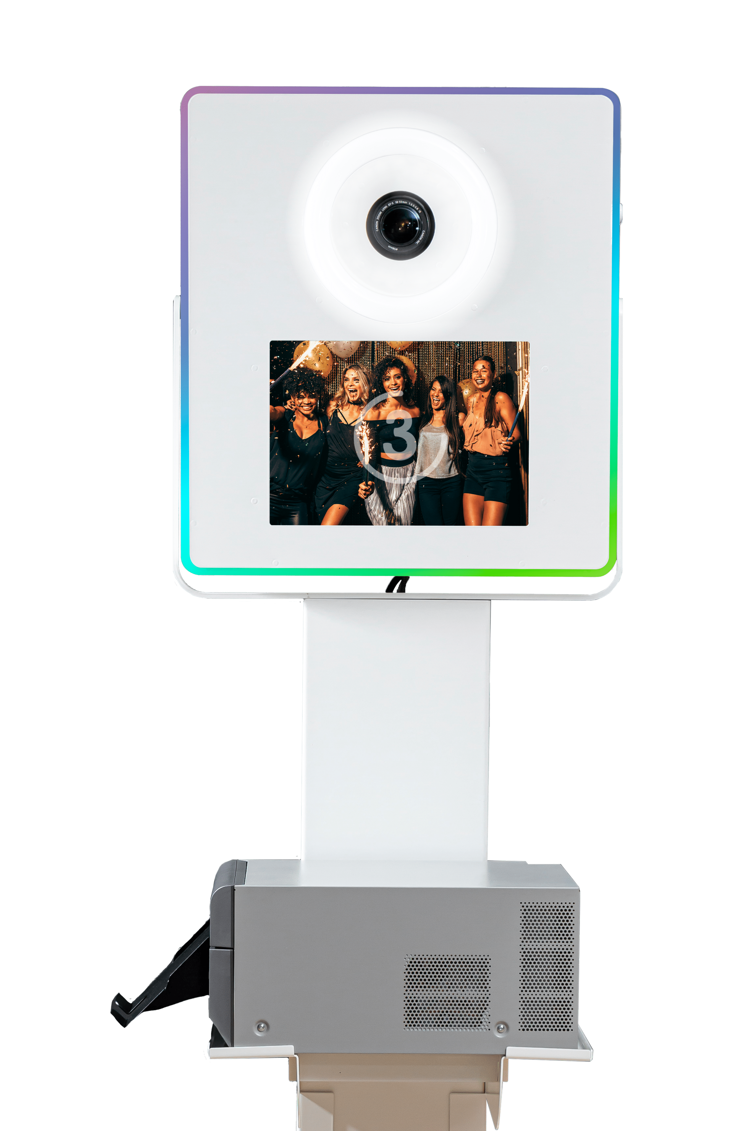 borne photomaton photobooth blanc smakk ring light éclairé écran tactile imprimante grise support impression