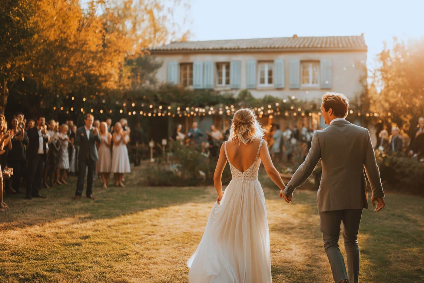 mariés se tenant par la mai nde dos olden hour retrouvent les invités cérémonie mariage à la maison groupe rassemblé