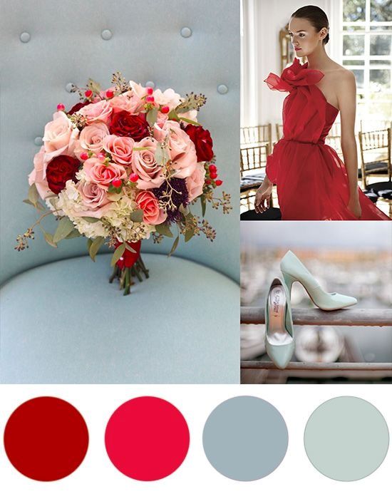 palette couleur tendance mariage 2024 bouquet rose rouge robe escarpin sage vert d'eau