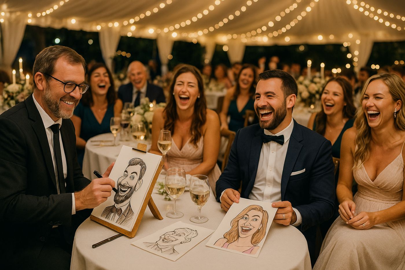 Caricaturiste réalisant des portraits humoristiques lors d’un mariage chic, avec des invités élégants riant autour d’une table décorée de chandeliers et fleurs fraîches