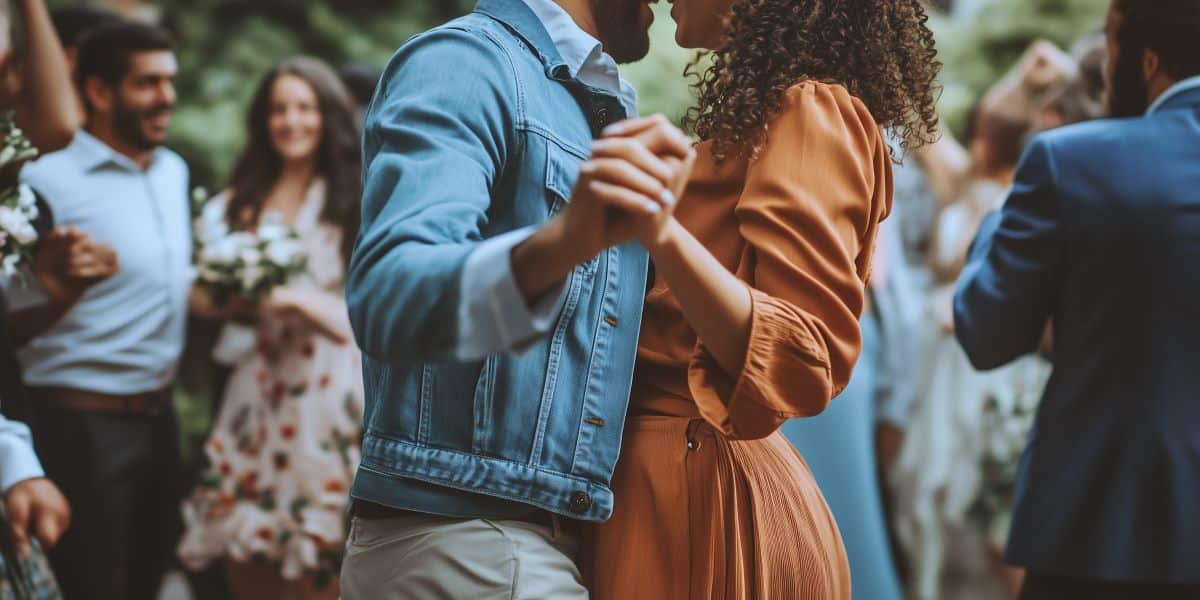 couple main danse au milieu des invités piste de danse mariage extérieur veste en jean robe femme chorégraphie