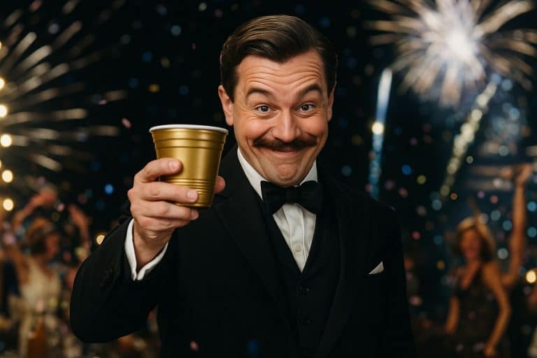 Parodie du mème Gatsby avec un homme en costume élégant levant un verre humoristique dans une ambiance festive des années 20 avec feux d’artifice en fond