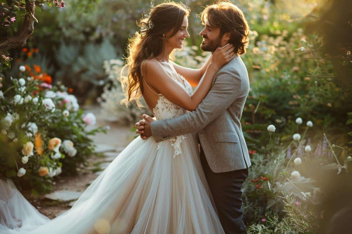 Organiser un mariage surprise couple photos des mariés jardin en fleur coucher de soleil main sur le cou