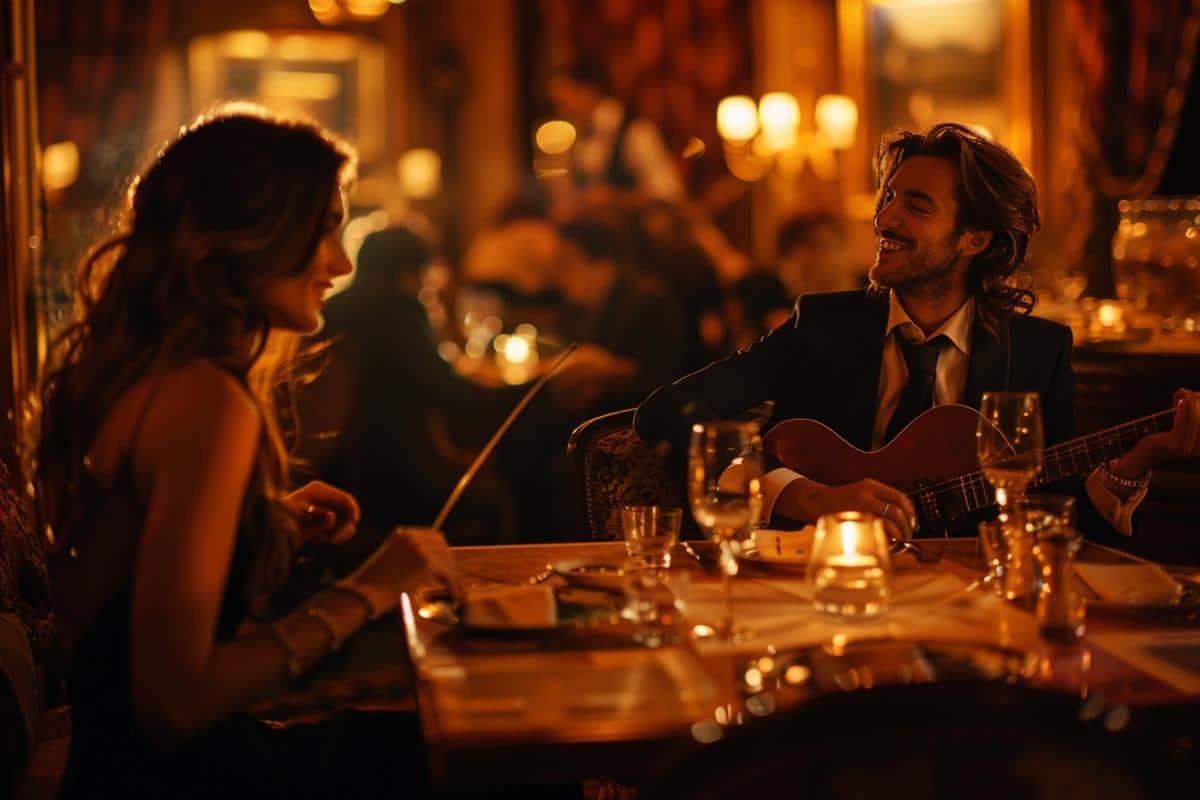 homme cheveux long joue de la guitare à table devant sa femme ambiance tamisée soir