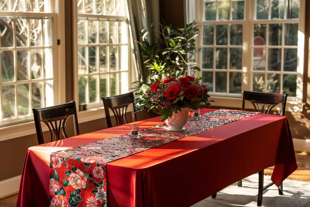 couleur ropuge table salle de réception mariage nappe bouquet de fleur rose rouge chemin