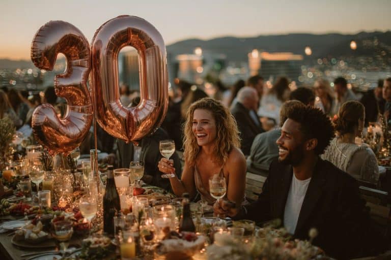Rooftop décoré pour une fête d'anniversaire de 30 ans avec ballons chiffre or et rose