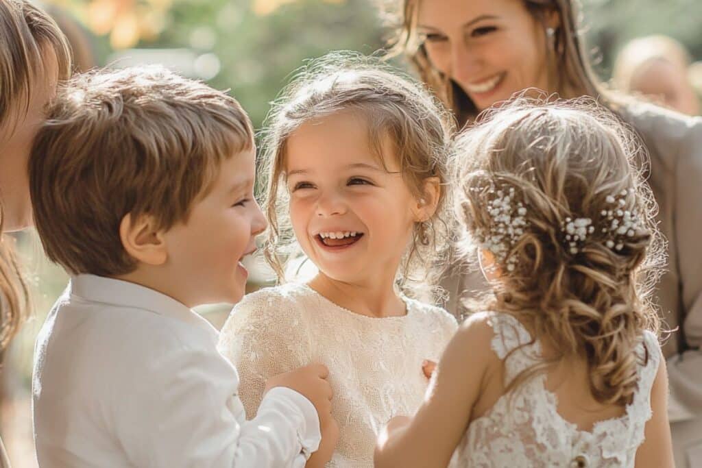 enfants à un baptême extérieur garçon et fille habillés en blanc