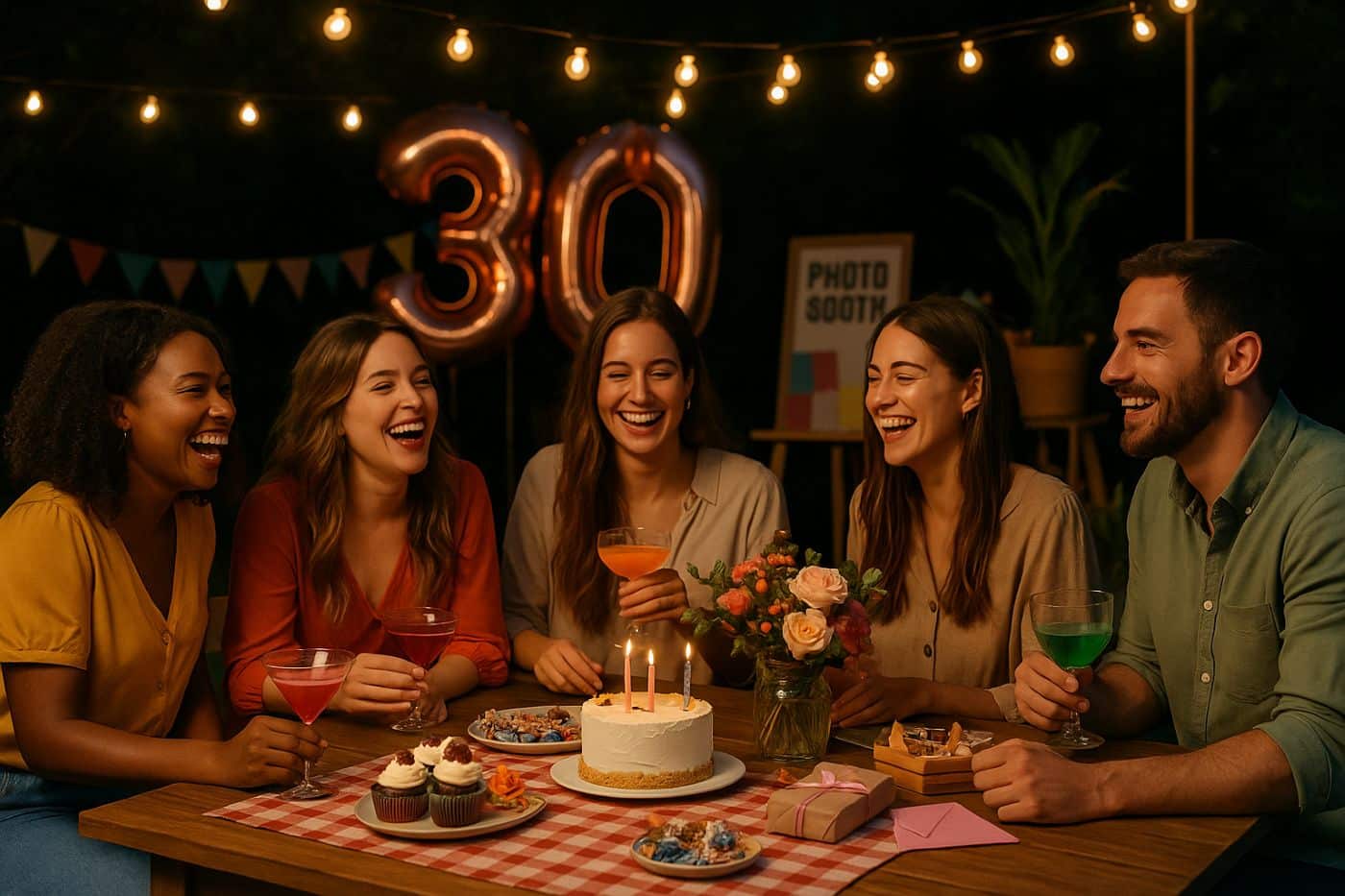 groupe d'amis trentenaire mixte autour d'une table pour fĂȘter l'anniversaire des 30 ans gateau cocktail nappe carreau ballon gonflable 30 ans dorĂ©