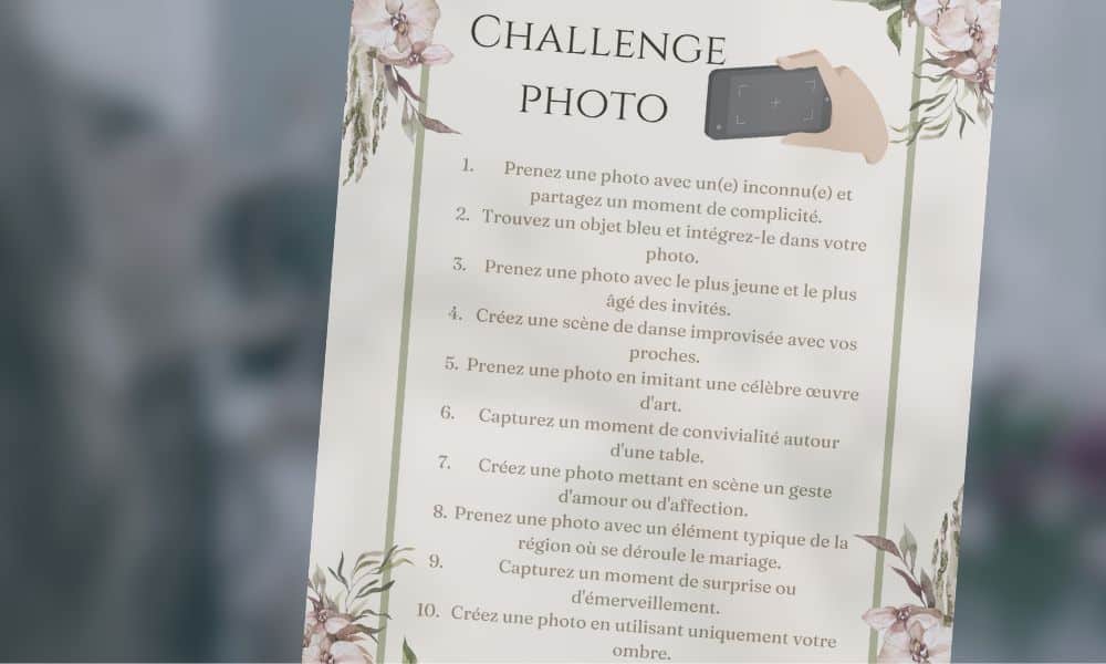 jeu challenge photo défi mariage pdf à imprimer 10 idées papier