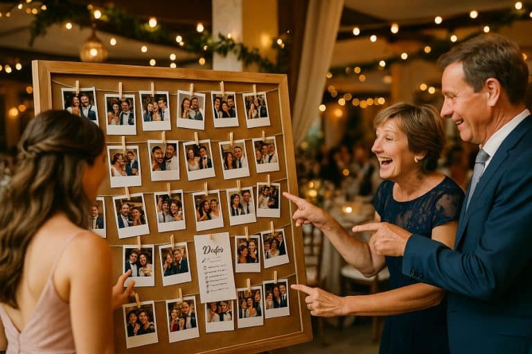 Mur de photos polaroids affichés lors d’un mariage, avec des invités riant et partageant les souvenirs des défis photo réalisés pendant la soirée cérémonie de mariage