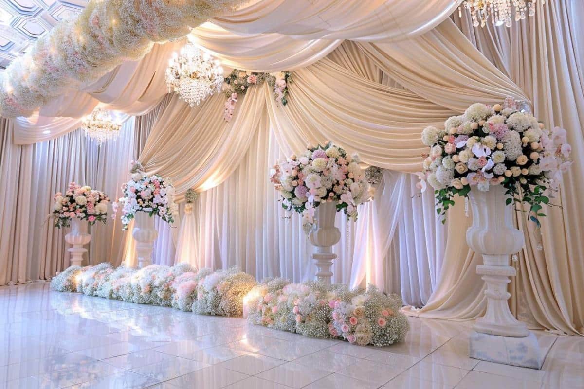 Salle de réception décorée la veille du mariage, drapés blancs et fleurs prêts pour le jour J
