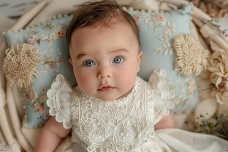10 superbes idées pour votre faire-part de baptême 2024 - bébé berceau portrait lit yeux bleus robe blanche