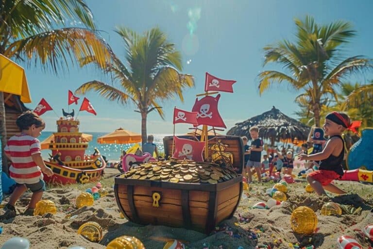decor plage anniversaire pirate enfant coffre trésor cocotier drapeau