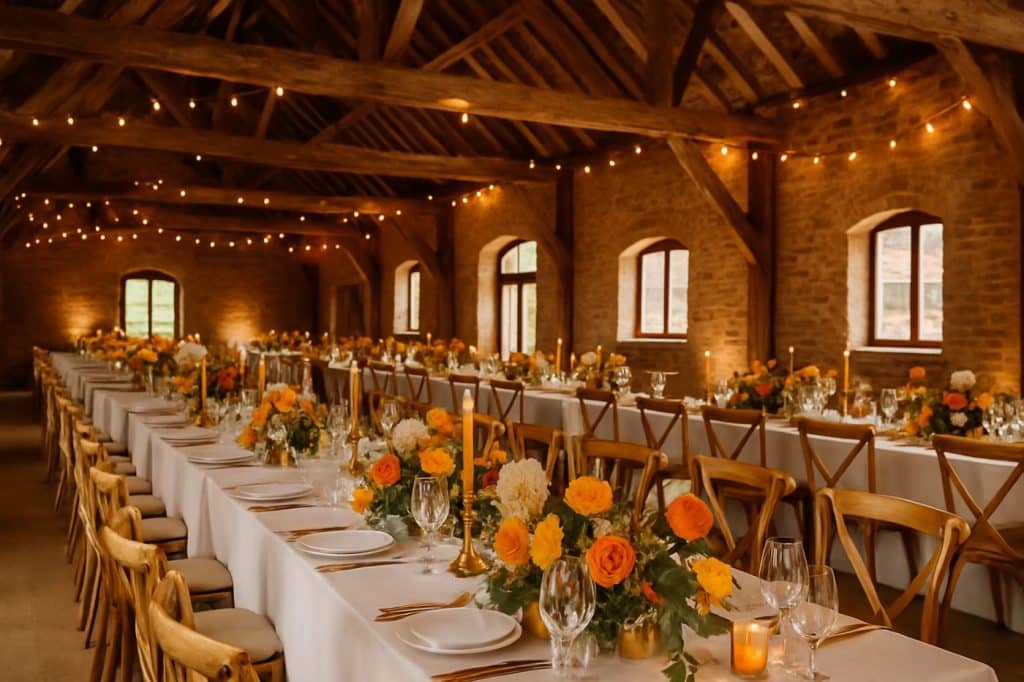 décoration ferme rustique ancienne étable poutre apparente pierre salle de mariage réception table rectangle en long fleur fraiche orange chaise en boisréception