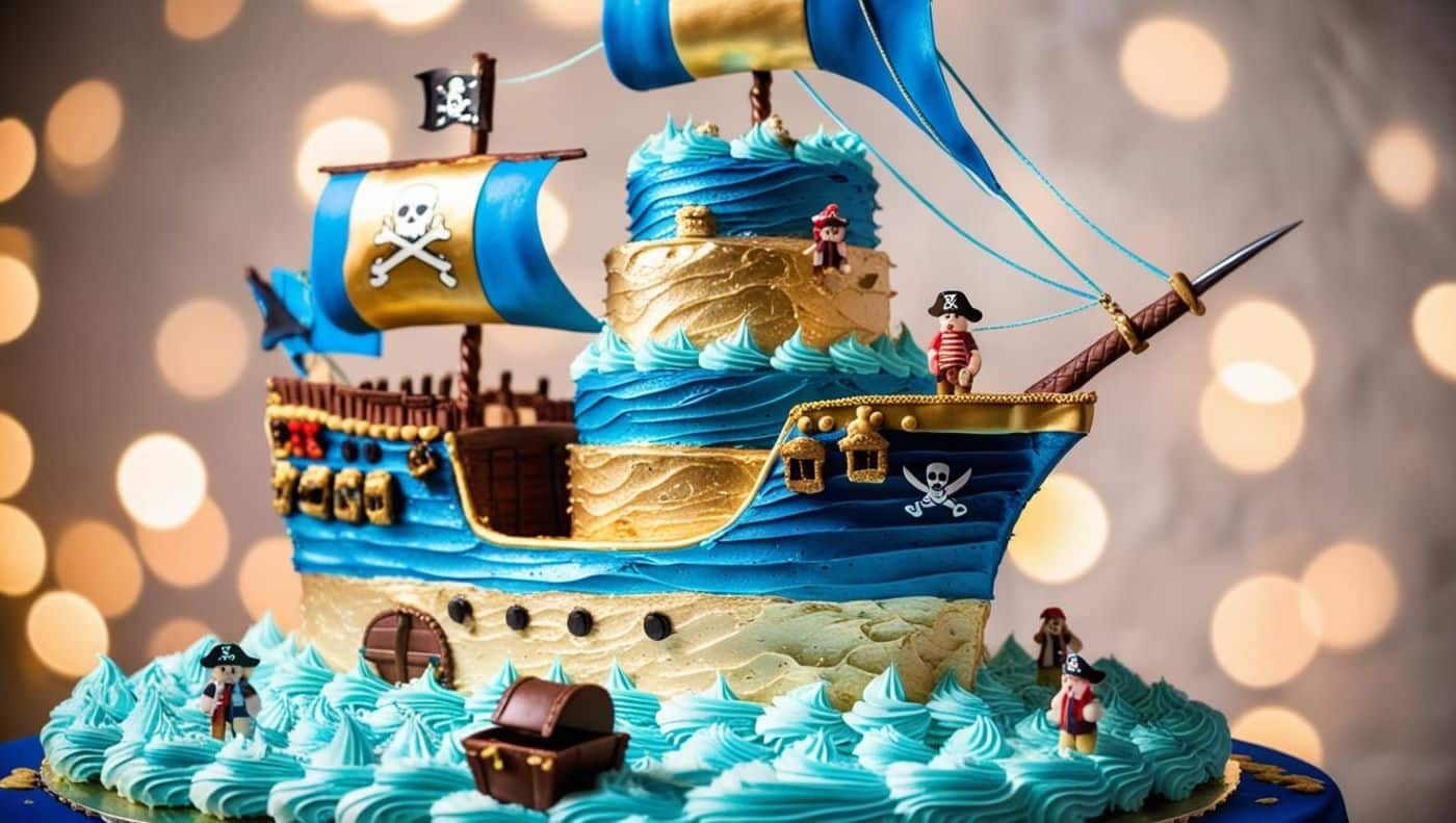gĂąteau Ă Ă©tages dĂ©corĂ© en bleu et or, reprĂ©sentant un bateau pirate en mer, avec des voiles en sucre, des petits personnages de pirates en pĂąte dâamande, et un effet vague rĂ©aliste pour simuler un navire en pleine traversĂ©e. Sur le cĂŽtĂ©, une carte au trĂ©sor comestible