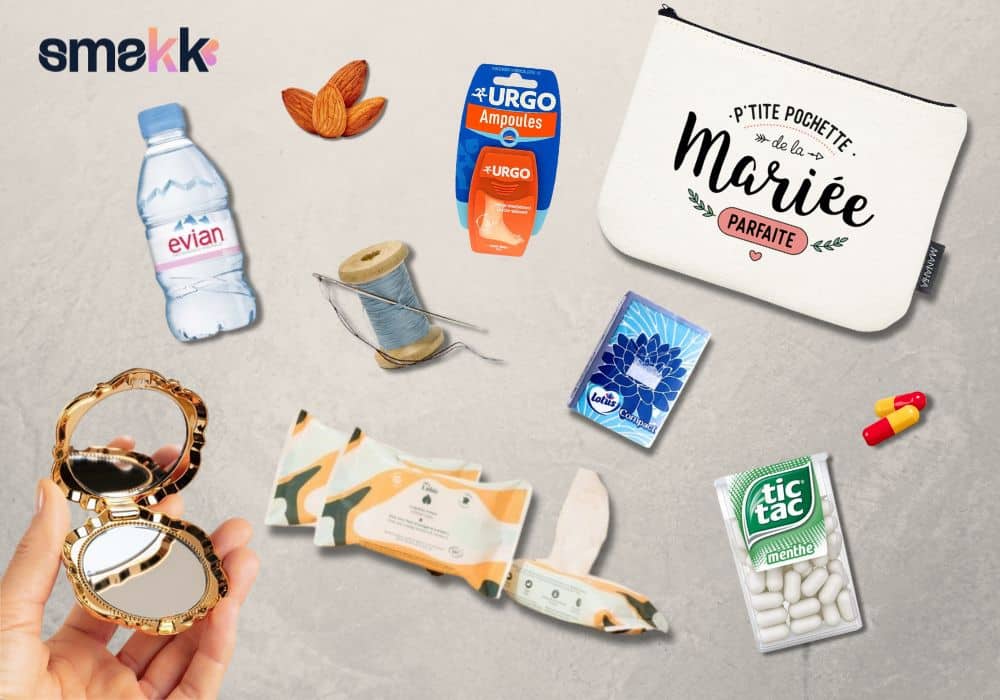 kit survie mariée détails mouchoir lingette fil aiguille pochette miroir bonbon doliprane ampoule pansement urgo bouteille evian amende fruit sec