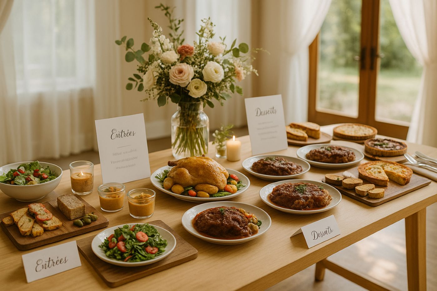 Buffet de mariage gastronomique avec présentation soignée des entrées, plats et desserts issus de différents menus