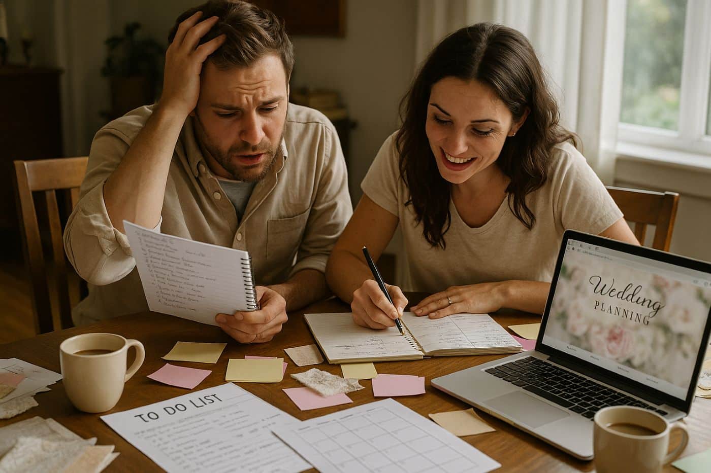Couple assis à une table préparant leur mariage avec carnets, to-do list, ordinateur et post-its dans une ambiance complice et légèrement débordée