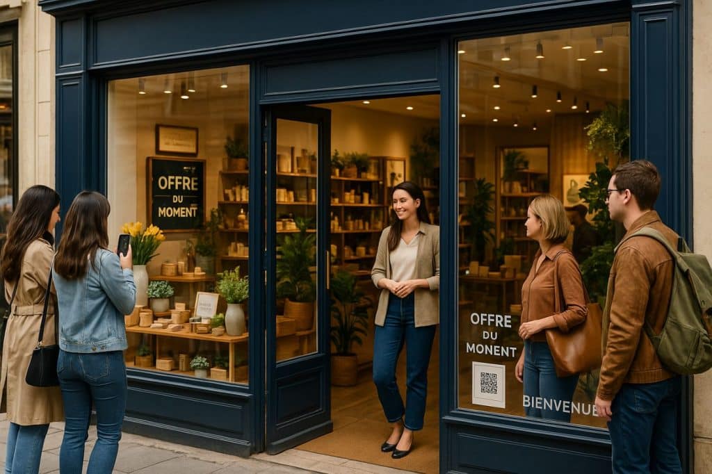 Devanture élégante d'une boutique de centre-ville avec vitrine décorée, passants curieux et ambiance intérieure chaleureuse