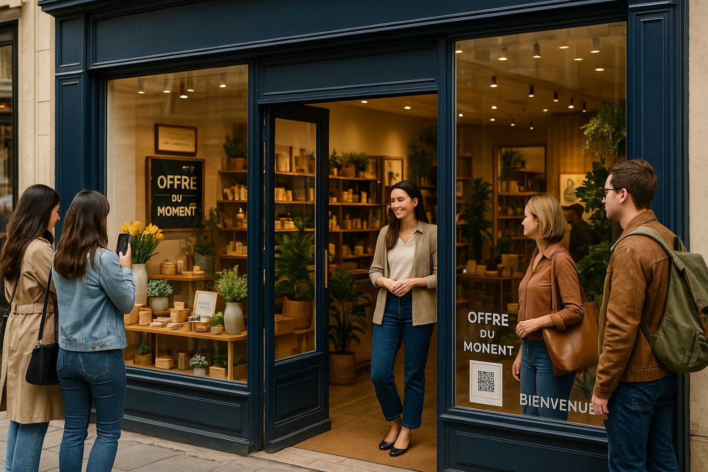Devanture élégante d'une boutique de centre-ville avec vitrine décorée, passants curieux et ambiance intérieure chaleureuse