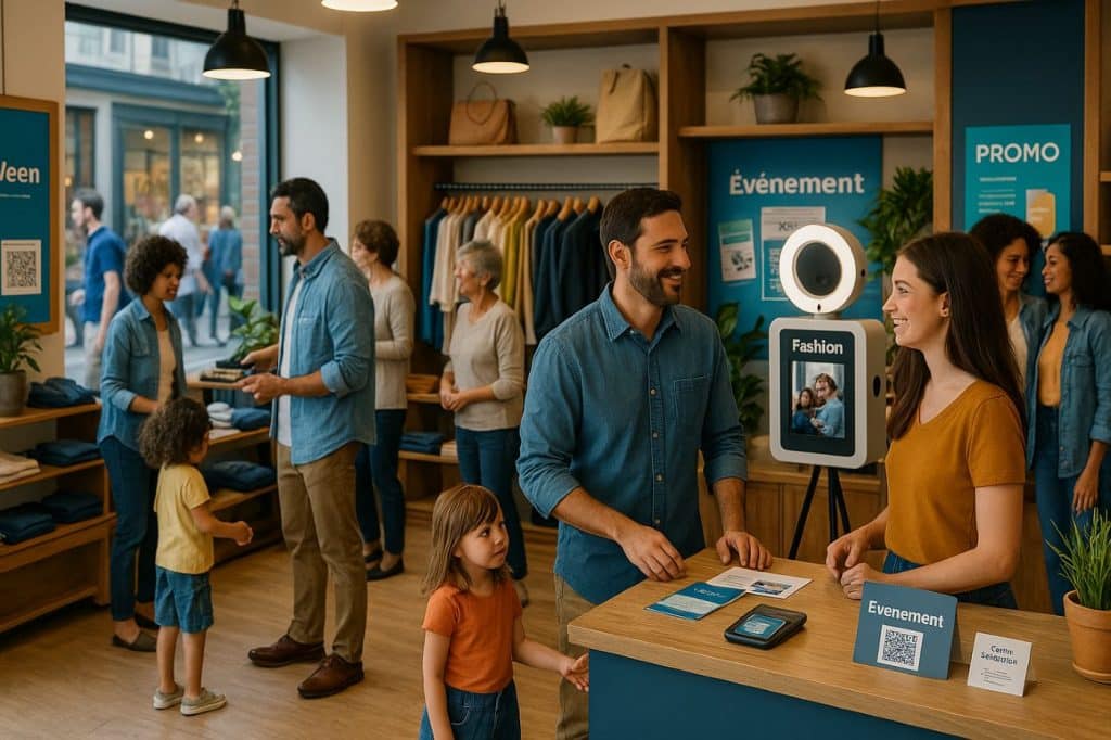 Vue intérieure d’un magasin animé avec clients, vendeur, animation commerciale et ambiance chaleureuse