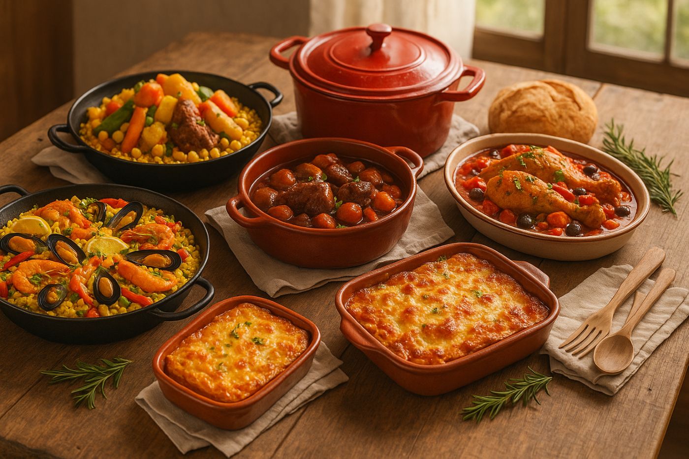 Table en bois rustique avec cinq plats chauds de mariage : paella, couscous royal, bœuf bourguignon, lasagnes et poulet basquaise, présentés dans des cocottes avec une lumière naturelle chaleureuse