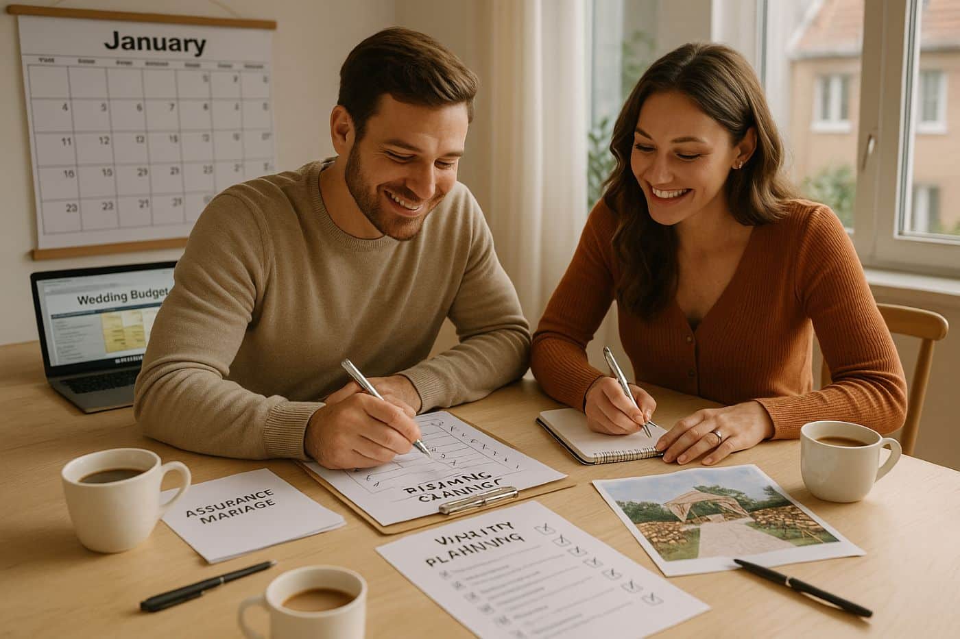 Couple planifiant leur mariage autour d’une table, avec budget, to-do list, assurance mariage et calendrier visible, ambiance chaleureuse et organisée