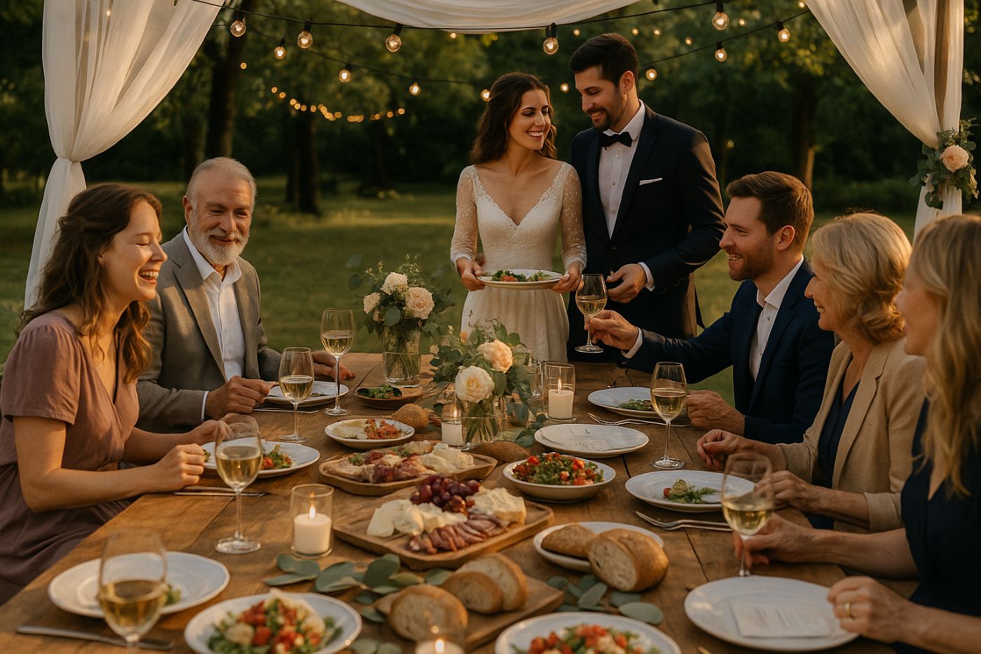 Repas de mariage en extérieur sous une tonnelle, grande tablée conviviale avec plats partagés et invités souriants