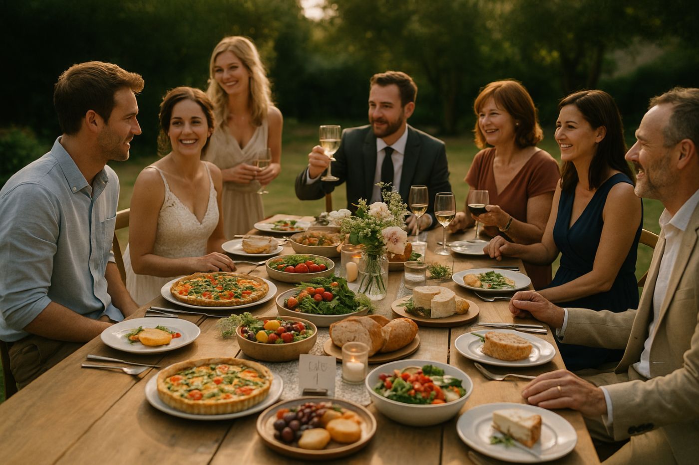 Repas de mariage simple et élégant en extérieur, avec plats faits maison et ambiance conviviale entre invités souriants