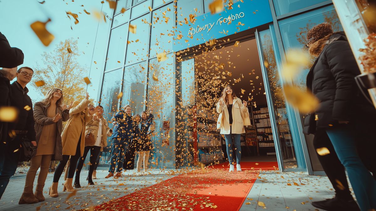 tapis rouge et confettis dorés pour cliente qui sort de l'inauguration d'une nouvelle boutique en ville sous la haie d'honneur