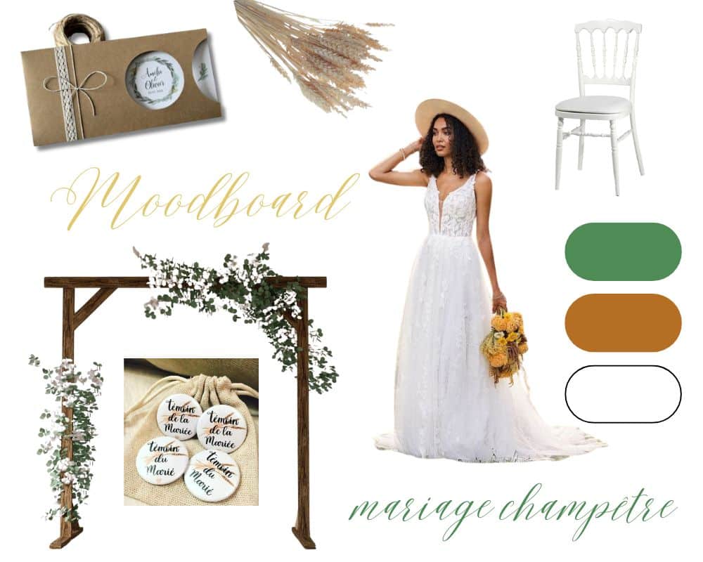 moodboard mariage champêtre arche vintage simple rustique robe marié blanche couleur tendance vert marron chaise faire part epis blé bouquet chapeau paille