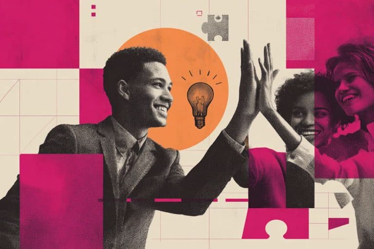 Collage graphique illustrant l’esprit d’équipe et des idées de team building