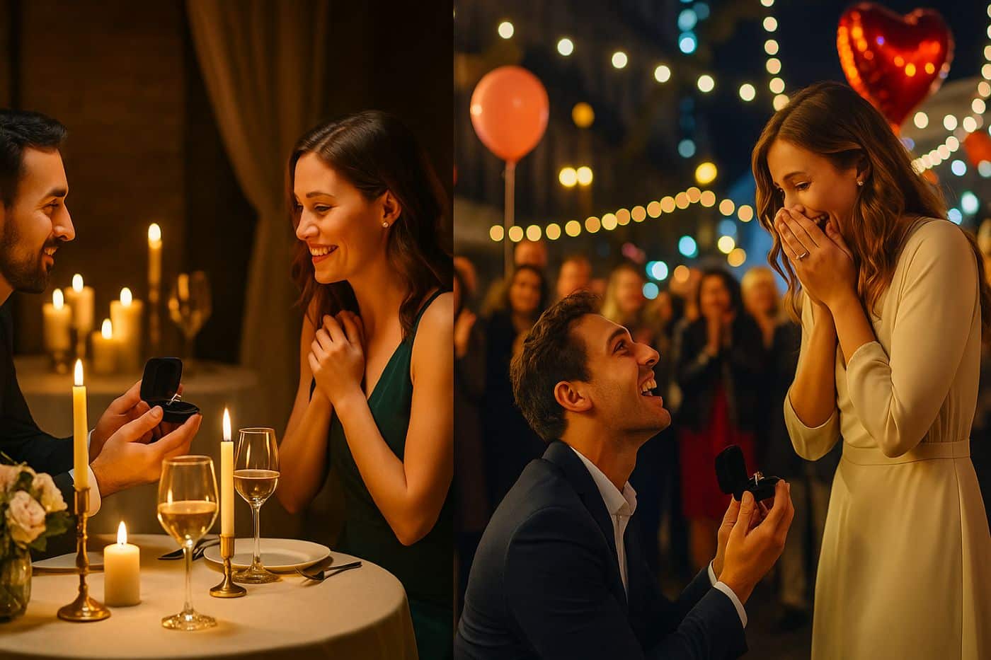 Scène comparant une demande de mariage intime à la lueur des bougies et une demande spectaculaire en public sous les applaudissements, émotion des couples mise en avant
