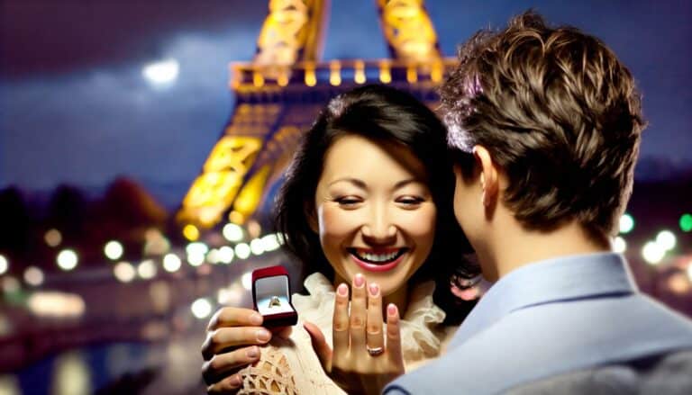 demande en mariage devant la tour Eiffel illuminée femme émue avec bague à son doigt ambiance romantique soirée