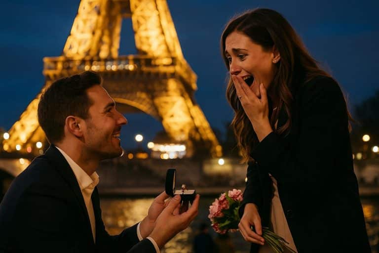 Demande en mariage devant la tour Eiffel illuminée, visage de la femme partagé entre surprise et émotion intense, atmosphère romantique parisienne