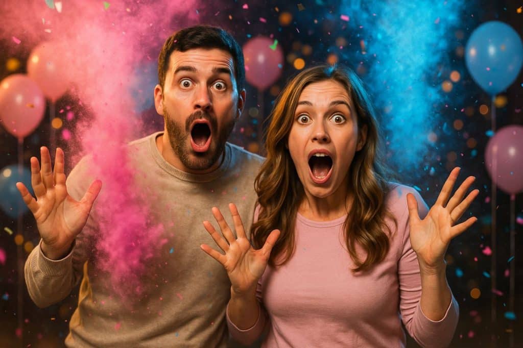 gender reveal couple surpris homme femme peinture rose bleu sexe bébé révélation